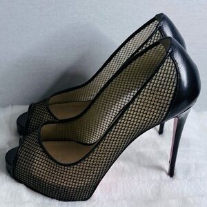 Christian Louboutin “Very Rete 120” Black Mesh Peep Toe Heels Authentic